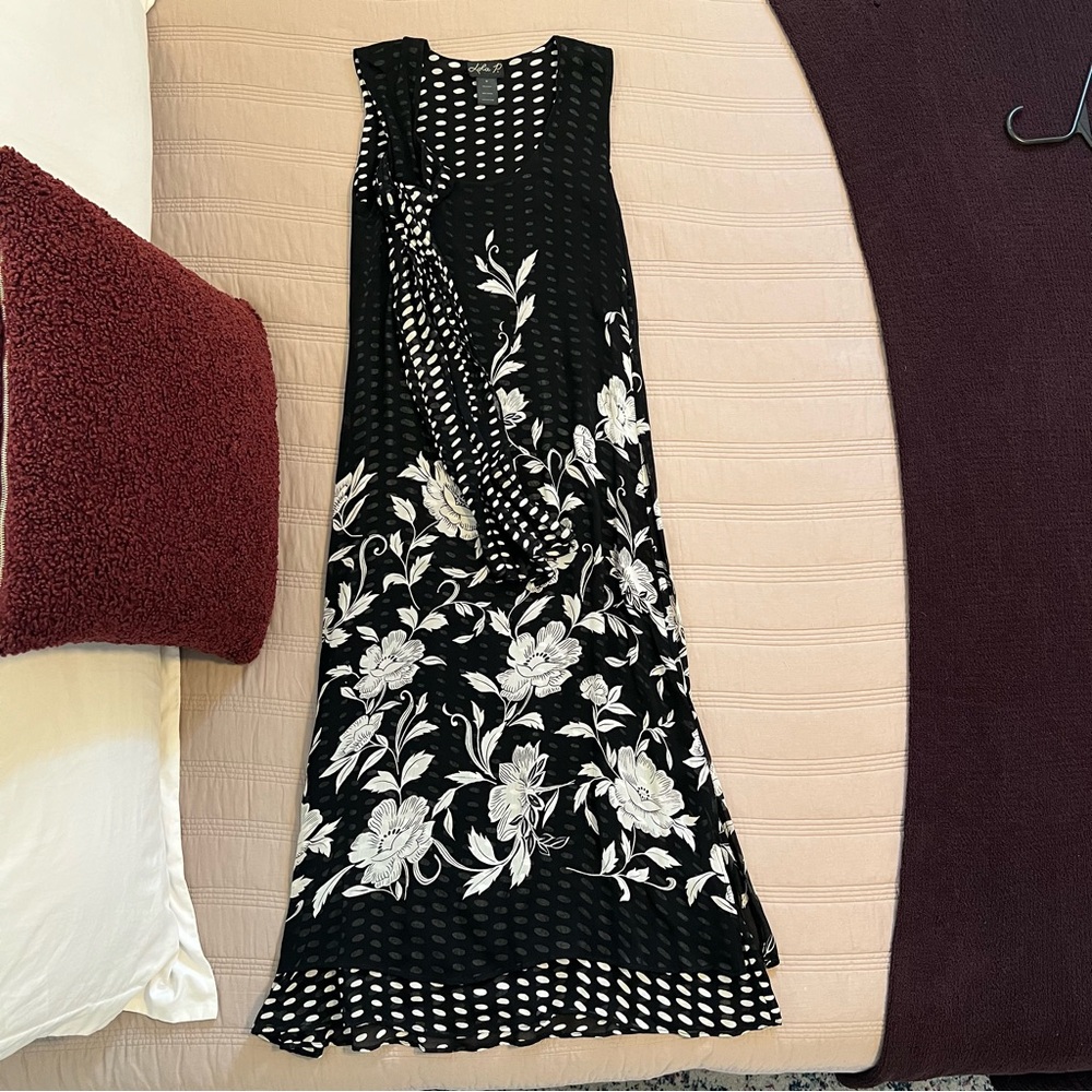 Lola P. Black and White Floral Maxi Dress Polka Dot Whimsy Y2K Garden